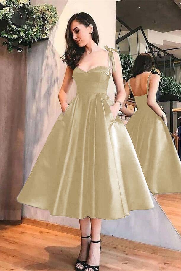 Sweetheart Black A Line Spaghetti Strap Tea Length Evening Dress With Pockets