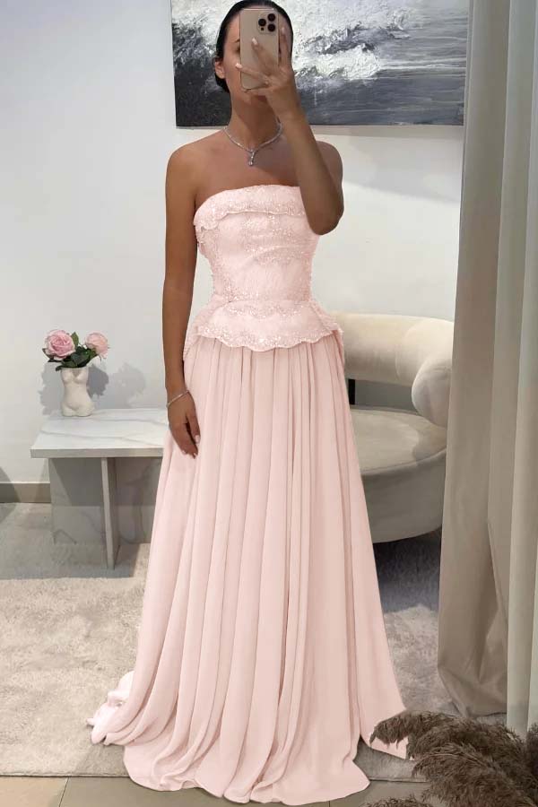 Chic Strapless Sleeveless Long Prom Dress With Pleated Beading
