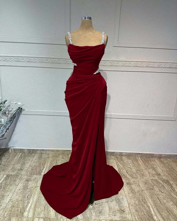 Straps Sleeveless Long Mermaid Prom Dress With Pleated Sequins