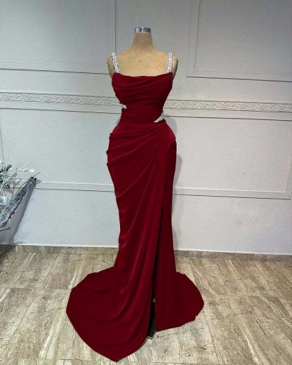 Straps Sleeveless Long Mermaid Prom Dress With Pleated Sequins