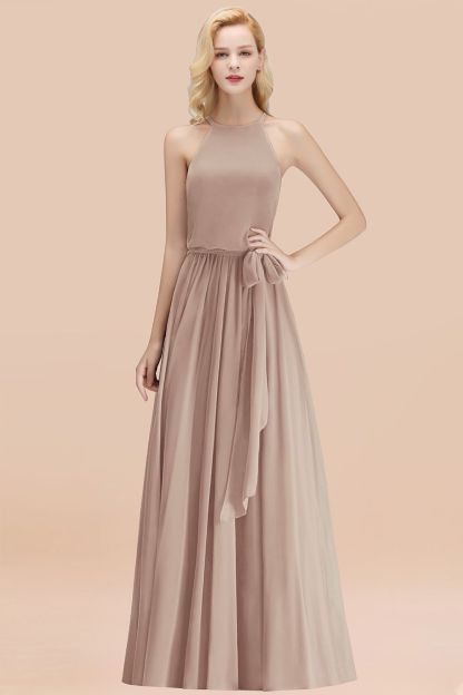 BMbridal Affordable Halter Bow Long Bridesmaid Dress Modest Burgundy Chiffon Wedding Party Dress-BMbridal