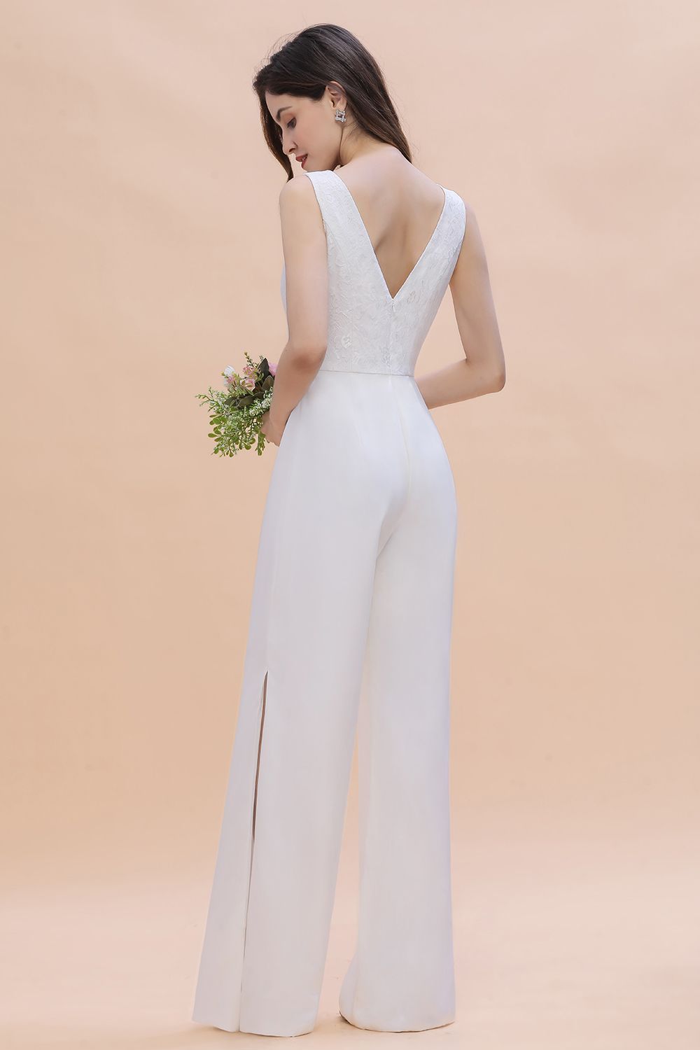 BMbridal Stylish V-neck Sleeveless White Lace Bridesmaid Jumpsuit Online-BMbridal