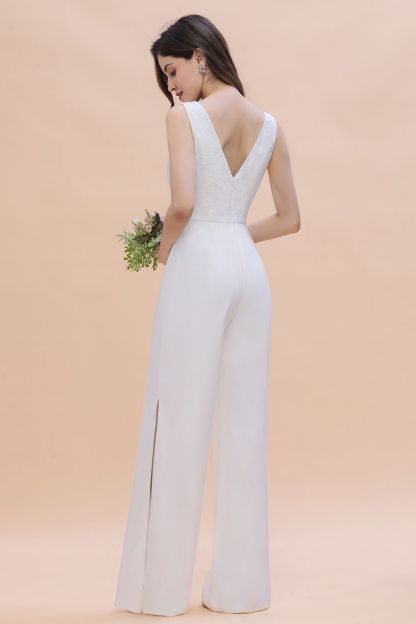 BMbridal Stylish V-neck Sleeveless White Lace Bridesmaid Jumpsuit Online-BMbridal