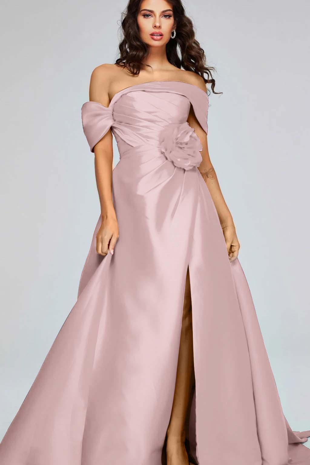 Off the Shoulder Sleeveless Long Split Prom Dress With Pleated