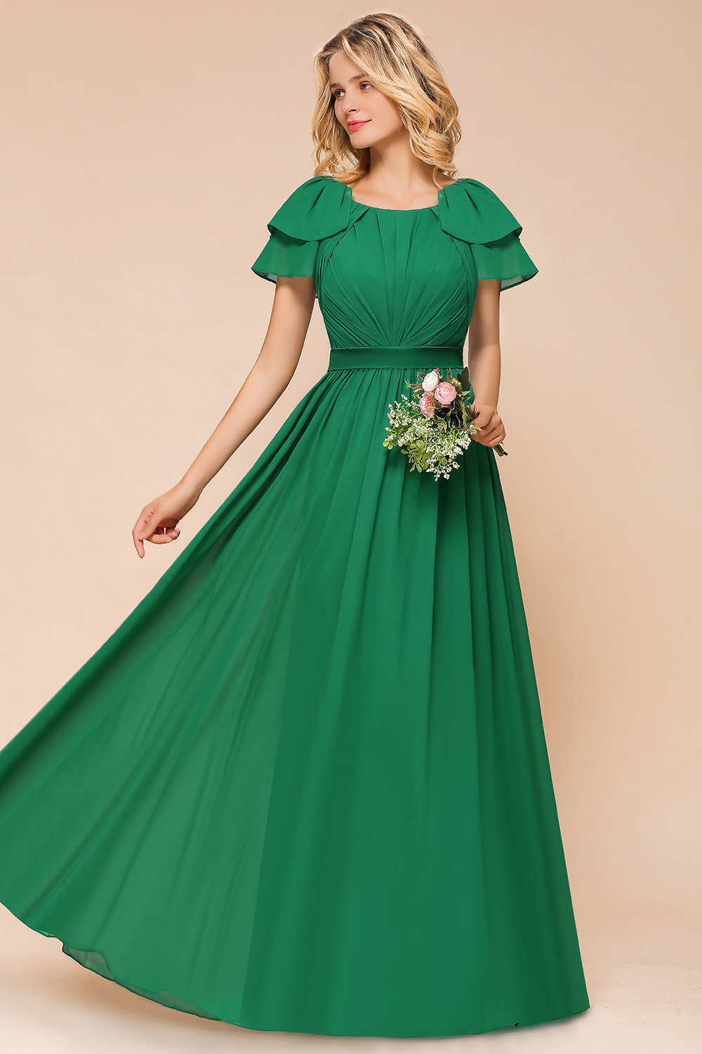 BMbridal Emerald Short Sleeves Chiffon Ruffles Long Bridesmaid Dresses Online-BMbridal