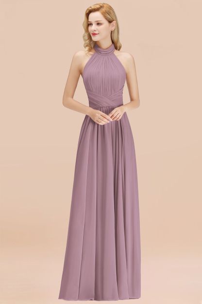 BMbridal Gorgeous High-Neck Halter Backless Bridesmaid Dress Dusty Rose Chiffon Maid of Honor Dress-BMbridal