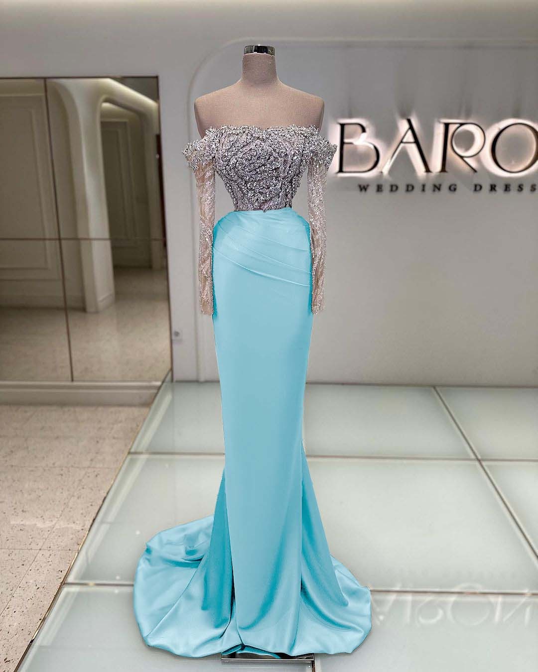 Off the Shoulder Long Sleeves  Long Mermaid Prom Dress With Beading