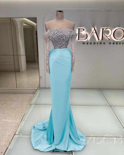 Off the Shoulder Long Sleeves  Long Mermaid Prom Dress With Beading