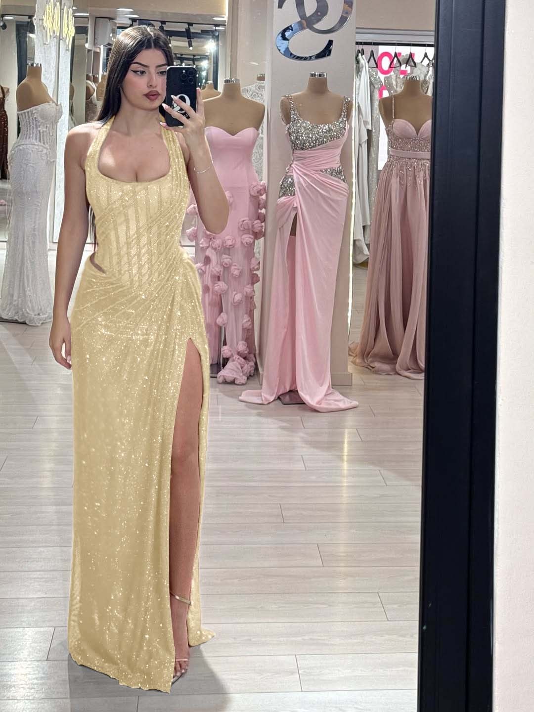 Sequins Halter Sleeveless Long Mermaid Prom Dress With Split