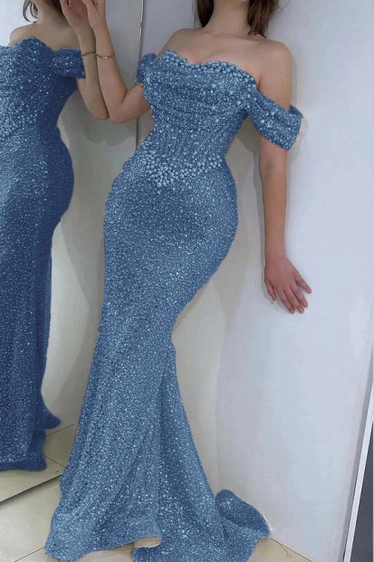 Off the Shoulder Strapless Sleeveless Long Prom Dress With Sequins