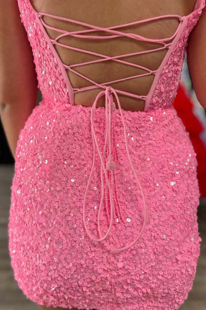 Sparkly Fuchsia Sequins Corset Tight Short Homecoming Dress