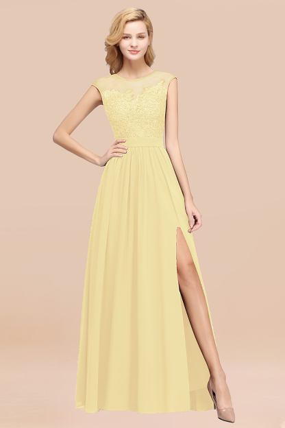 BMbridal Affordable Scoop Lace Appliques Yellow Bridesmaid Dresses with Slit-BMbridal
