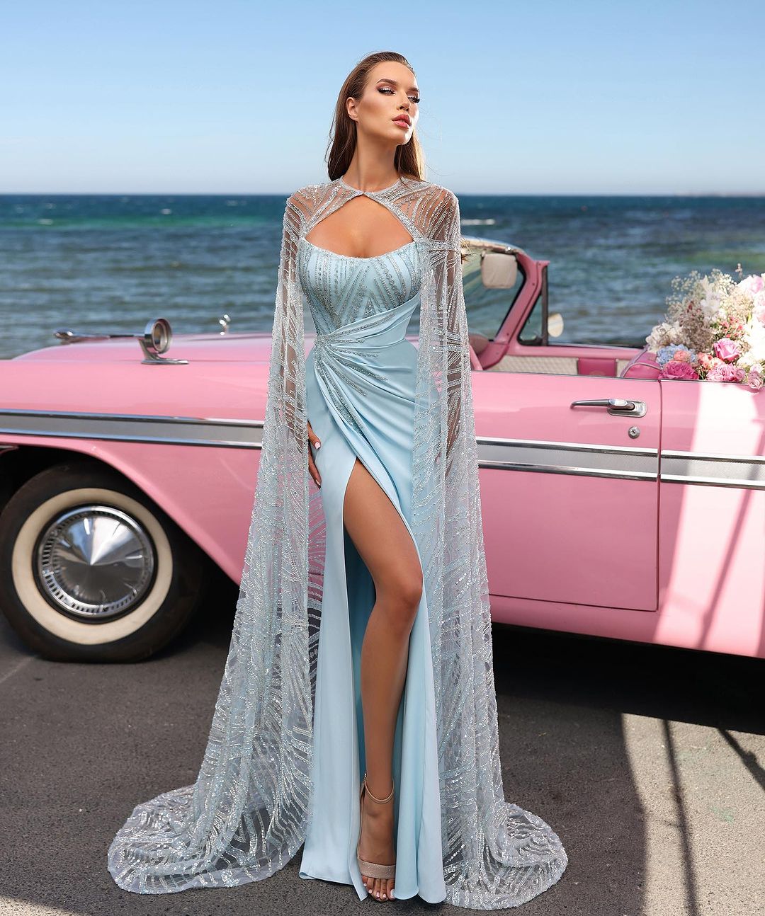 Long Prom Dress Baby Blue Sleeveless Strapless With High Slit
