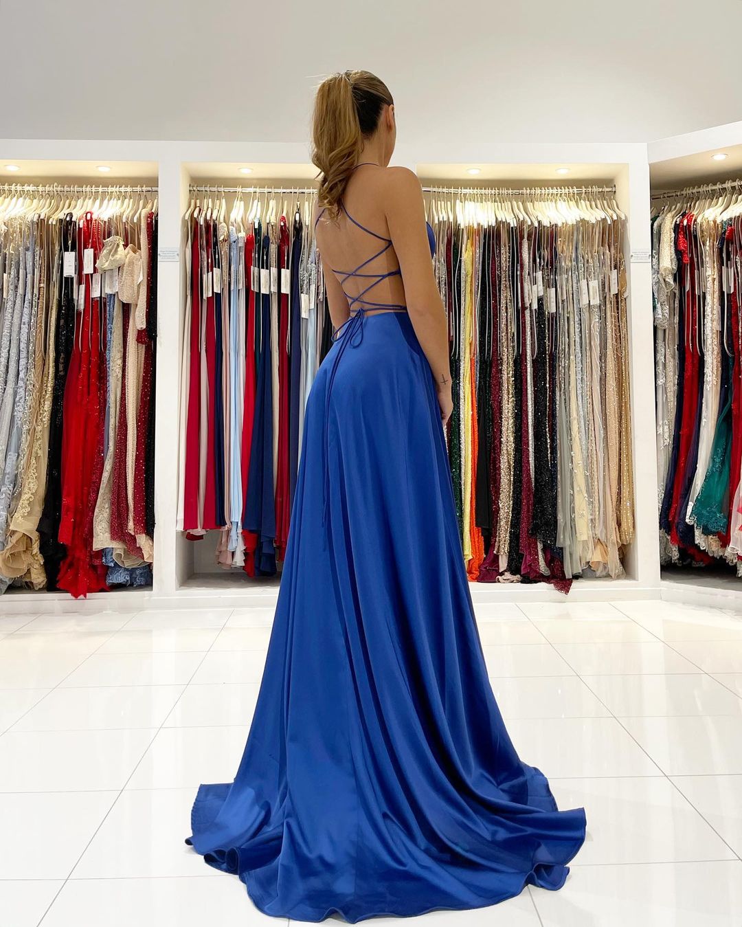 Stunning Royal Blue Modern Sleeveless V Neck Prom Dress With Front Split