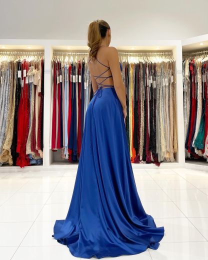 Stunning Royal Blue Modern Sleeveless V Neck Prom Dress With Front Split
