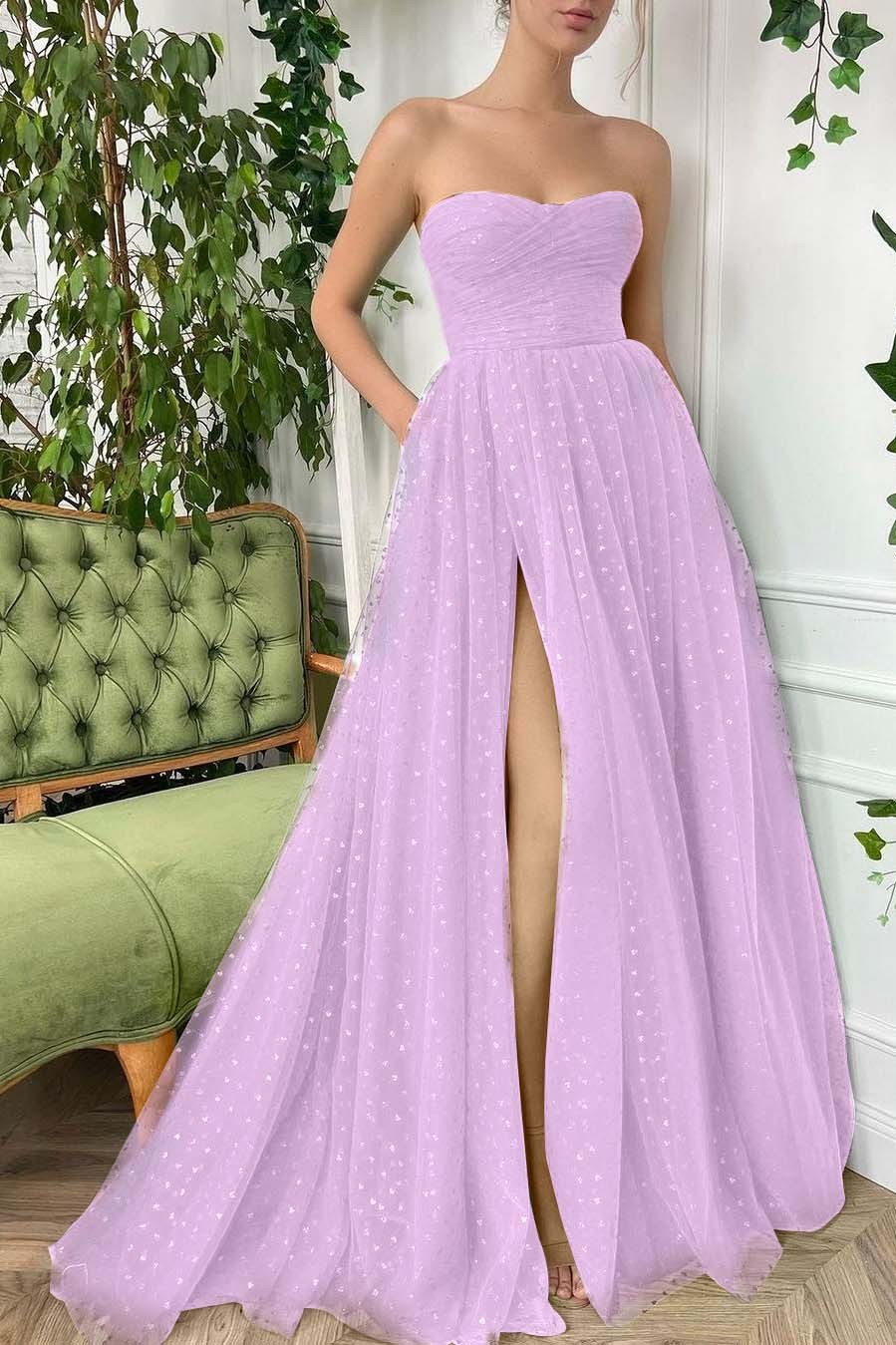 Tulle Sleeveless Strapless Long Split Prom Dress With Pleated