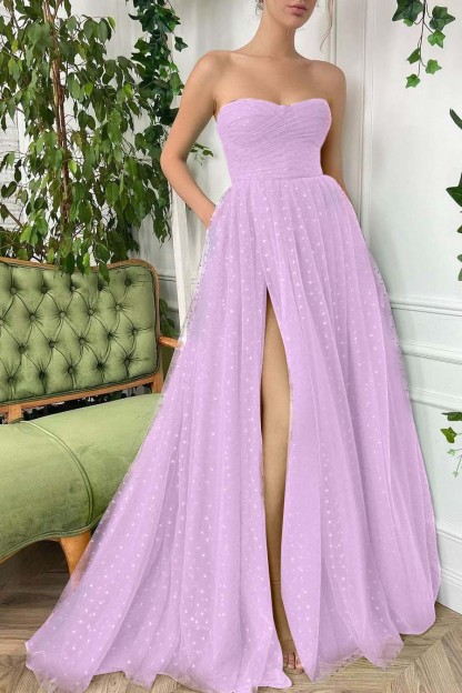 Tulle Sleeveless Strapless Long Split Prom Dress With Pleated