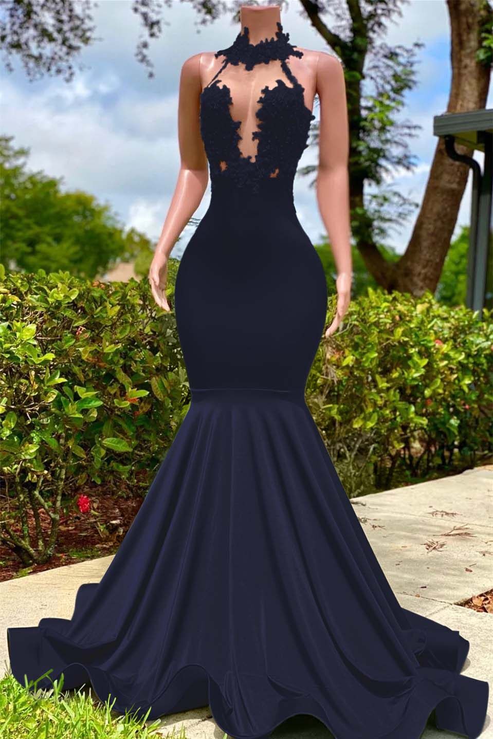 Halter Sleeveless Long Mermaid Prom Dress With Appliques Ruffles