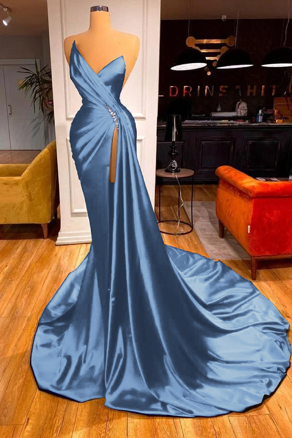 Strapless Sleeveless High Split Long Prom Dress With Beading