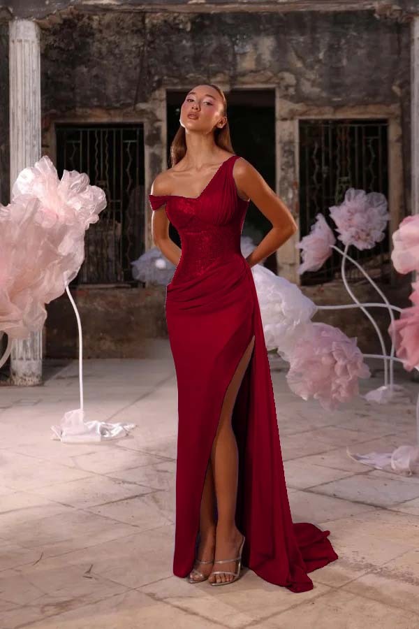 Sleeveless One Shoulder Long Split Prom Dress With Pleated Sequin