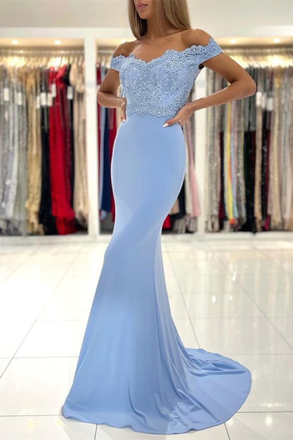 Mermaid Off the Shoulder Sleeveless Prom Dress Long With Lace Appliques