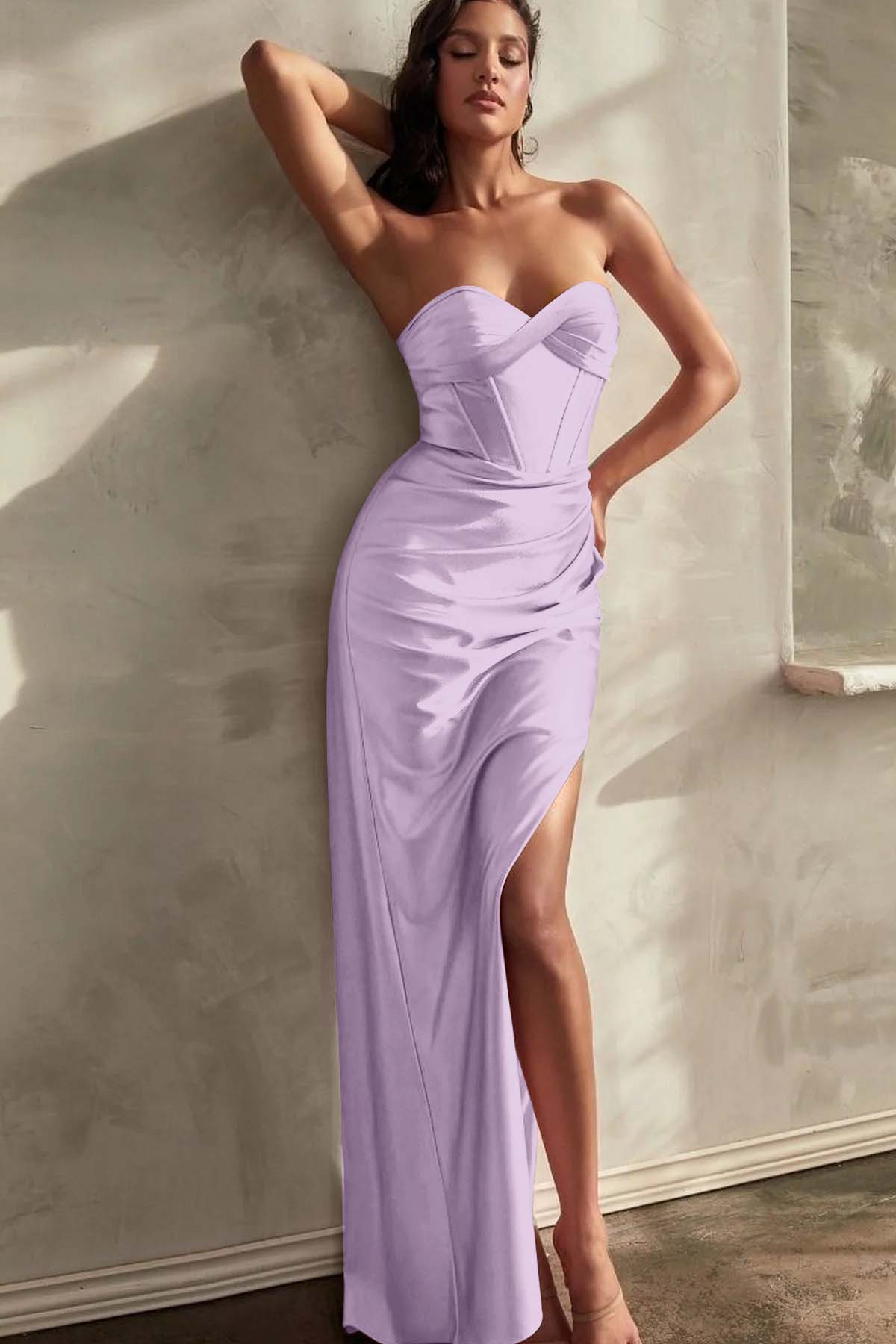 Strapless Sleeveless Long Mermaid Split Prom Dress With Pleated