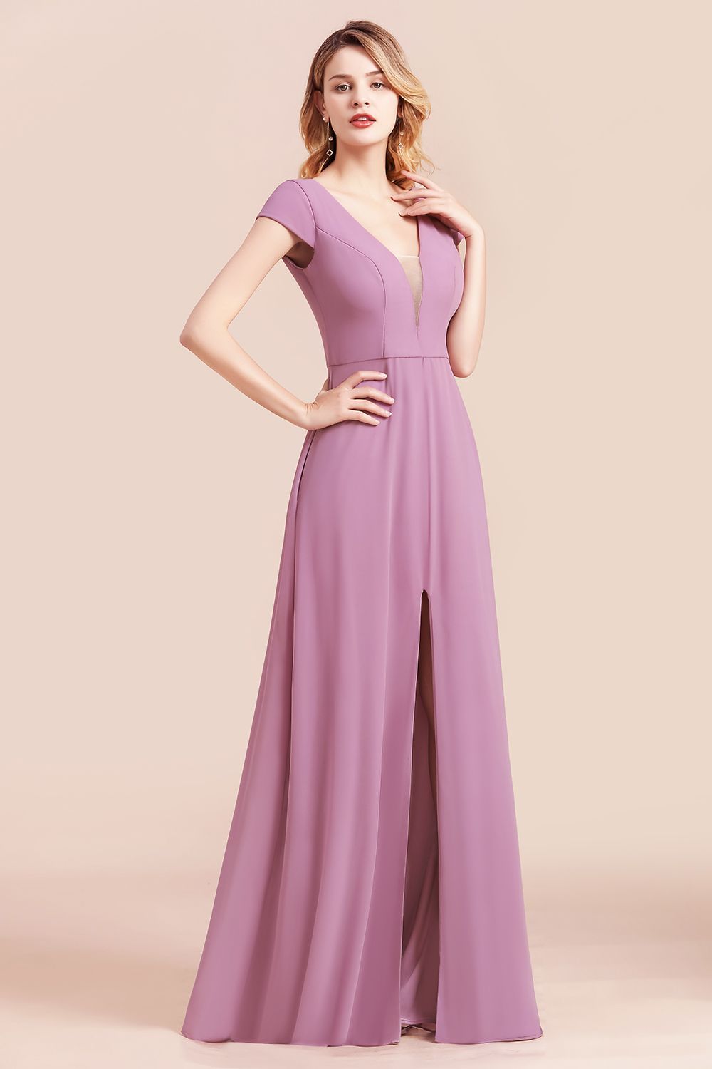 BMbridal Chic V-Neck Chiffon Wisteria Bridesmaid Dresses with Short Sleeves-BMbridal