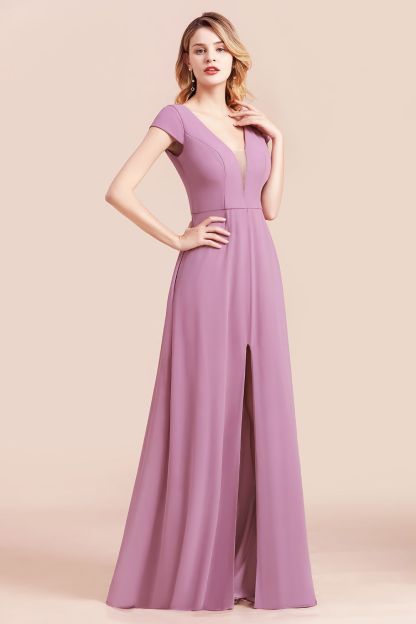 BMbridal Chic V-Neck Chiffon Wisteria Bridesmaid Dresses with Short Sleeves-BMbridal