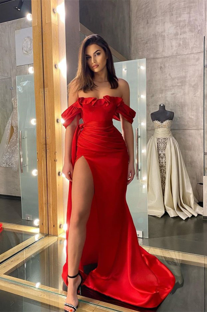 Red Off the Shoulder Strapless Front Split Prom Dress Long With Ruffles