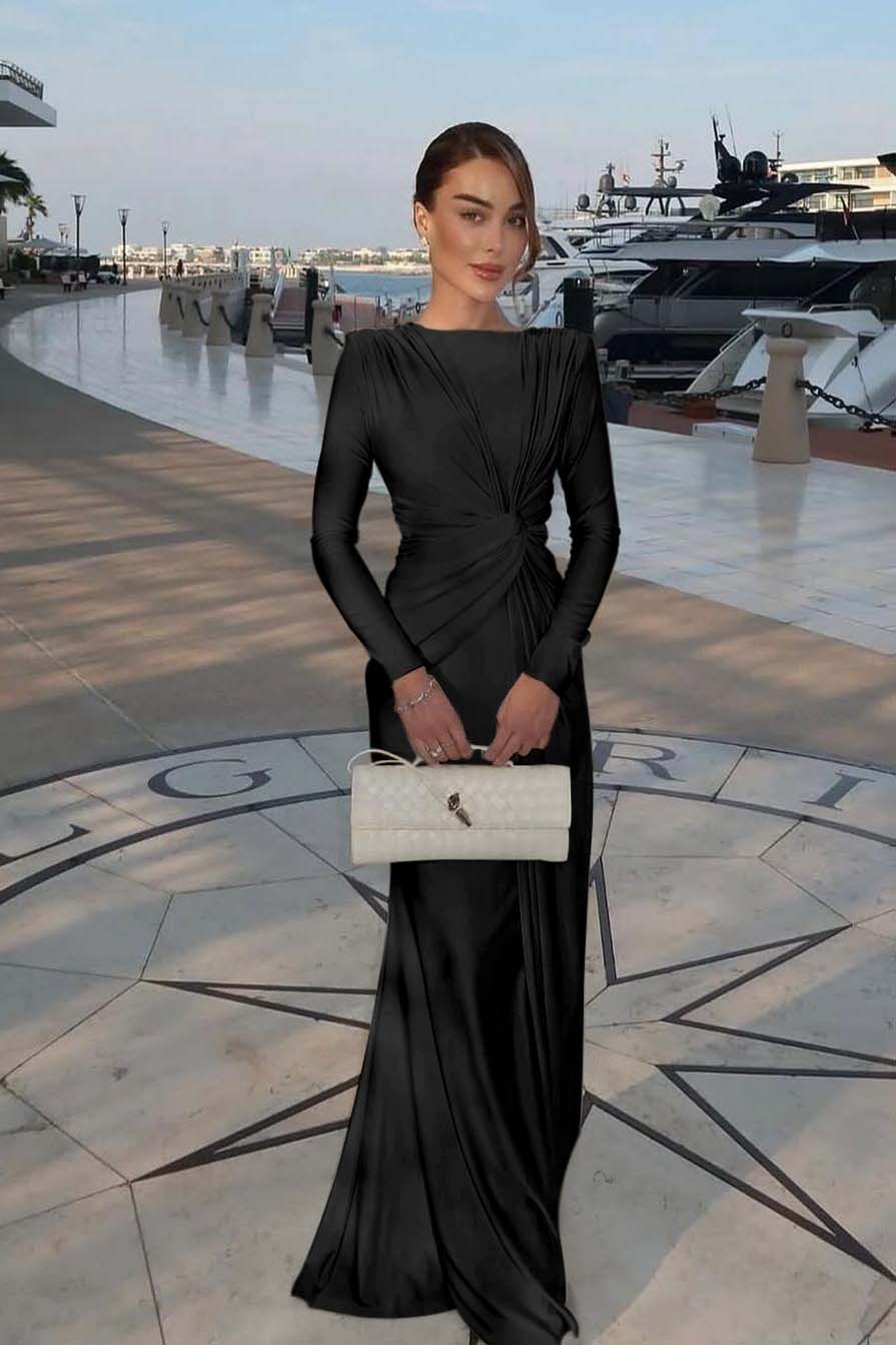 Chic Jewel Long Sleeves Mermaid Long Prom Dress With Pleated