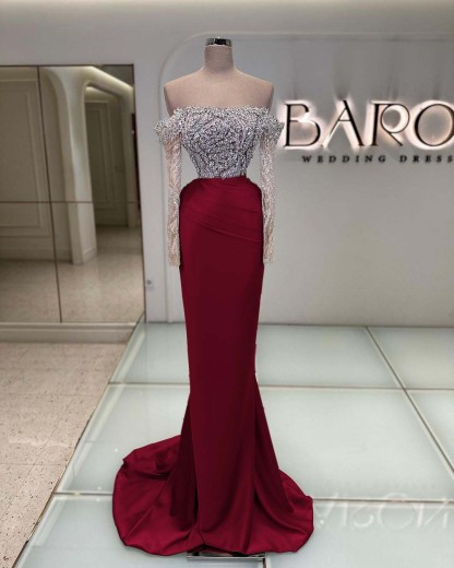 Off the Shoulder Long Sleeves  Long Mermaid Prom Dress With Beading