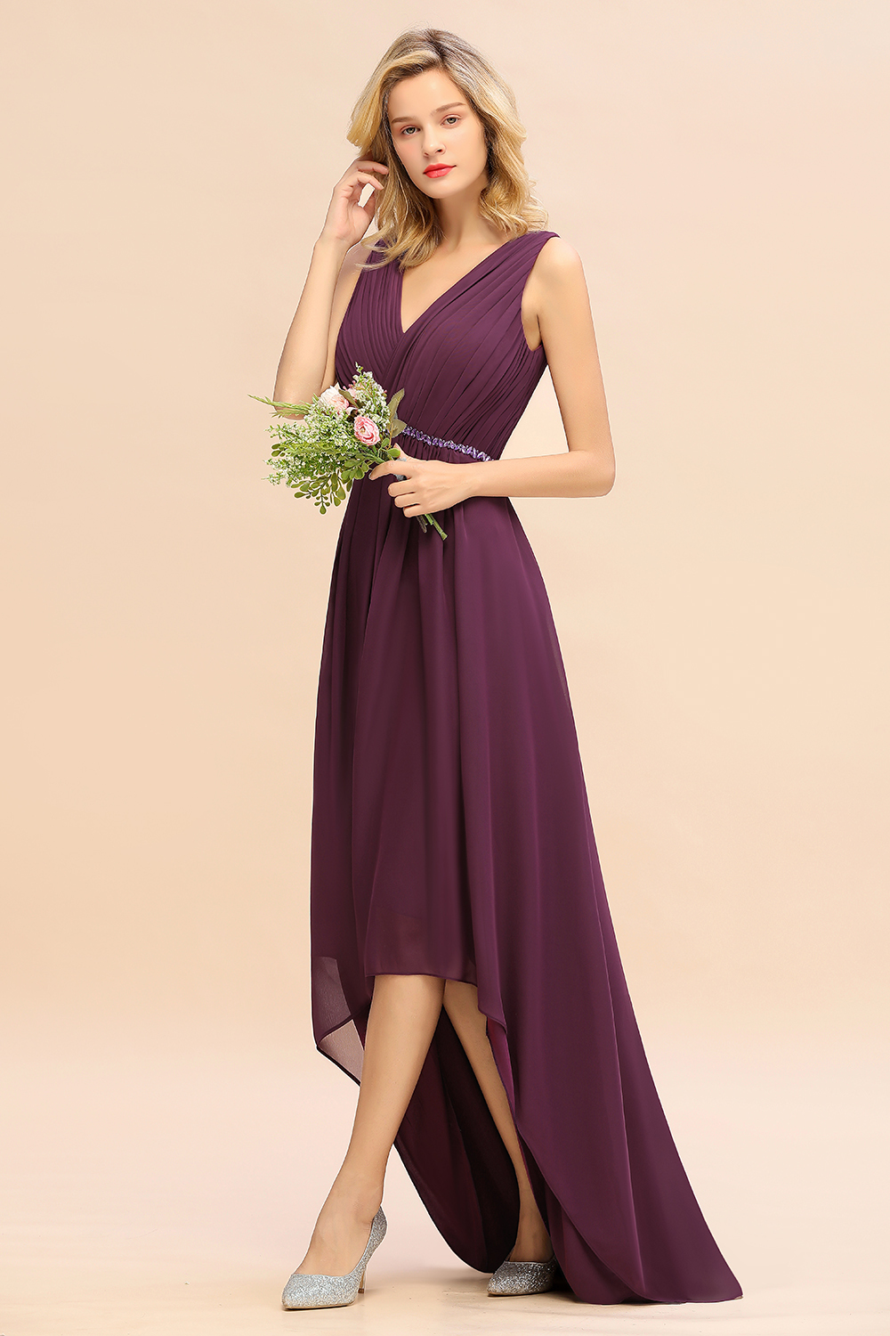 BMbridal Chic Hi-Lo V Neck Ruffle Bridesmaid Dress with Beading Sash-BMbridal