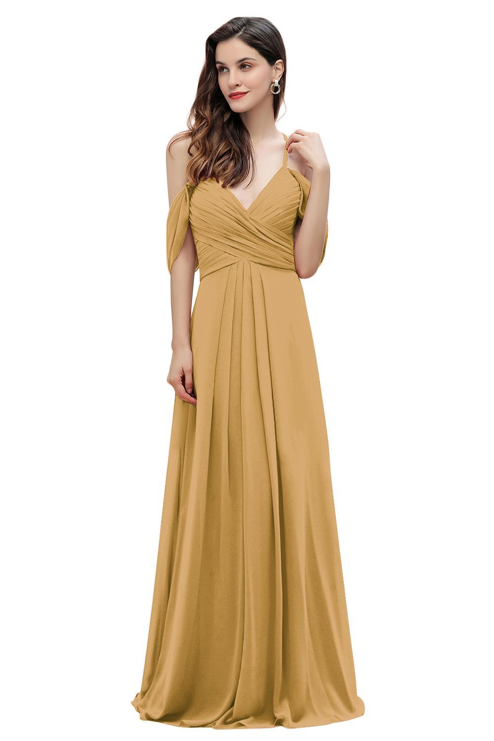 Elegant A-line Off-the-Shoulder V-neck Ruched Long Bridesmaid Dress-BMbridal