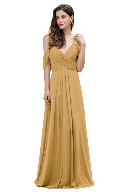 Elegant A-line Off-the-Shoulder V-neck Ruched Long Bridesmaid Dress-BMbridal