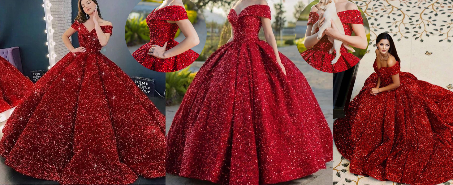 red seqiom ball gown
