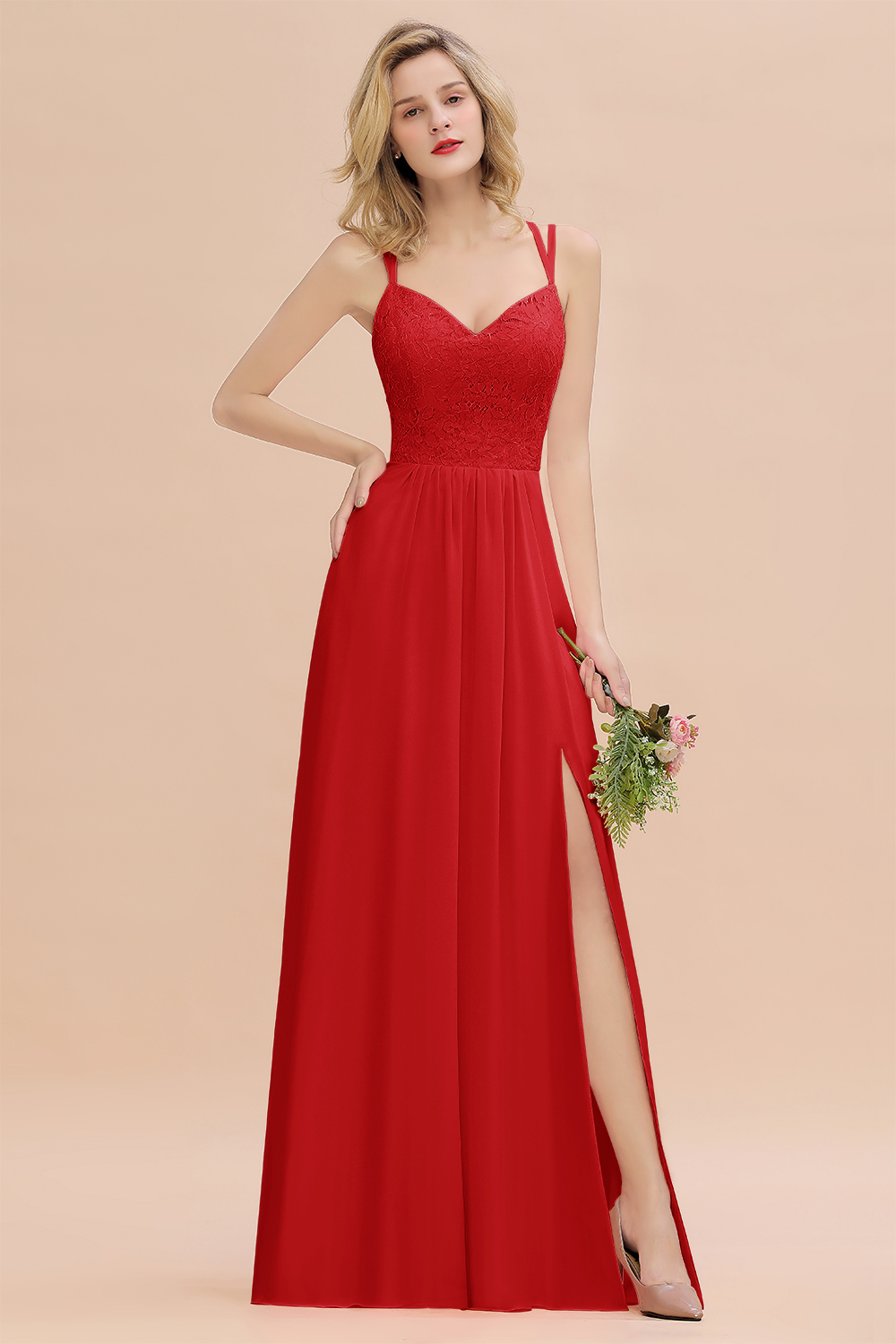 BMbridal Spaghetti-Straps Coral Lace Bridesmaid Dresses with Slit-BMbridal