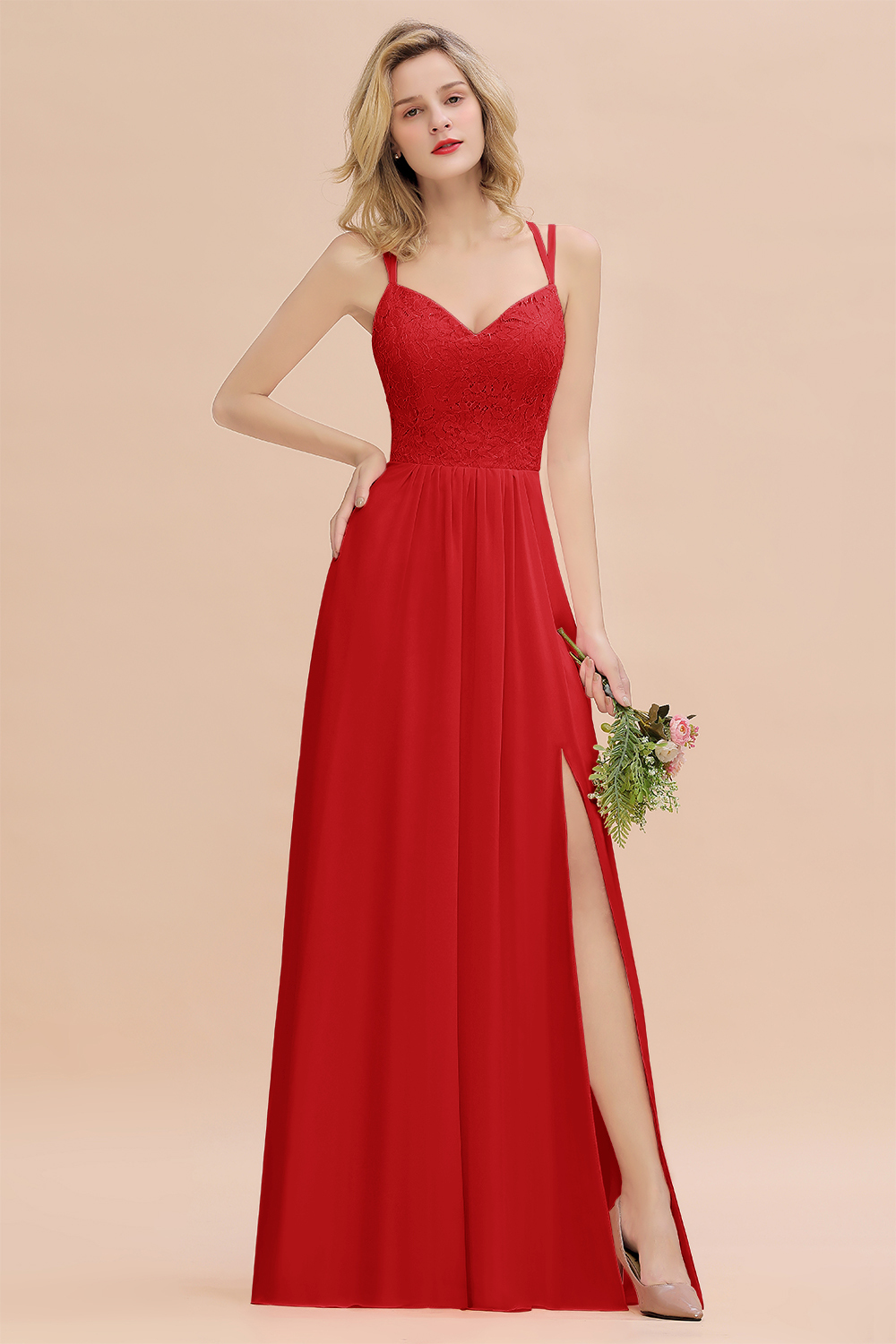 BMbridal Spaghetti-Straps Coral Lace Bridesmaid Dresses with Slit-BMbridal