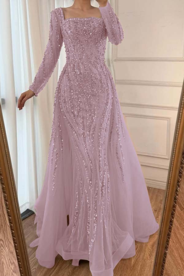 Square Neck Long Sleeves Long Mermaid Prom Dress With Beading Tulle