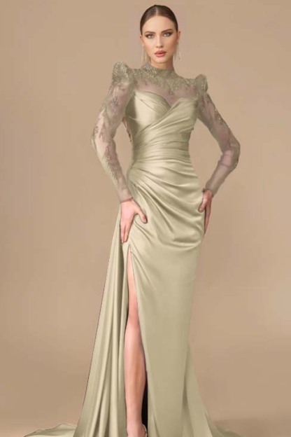 Long Sleeves Long Mermaid Prom Dress With Split Pleated Appliques