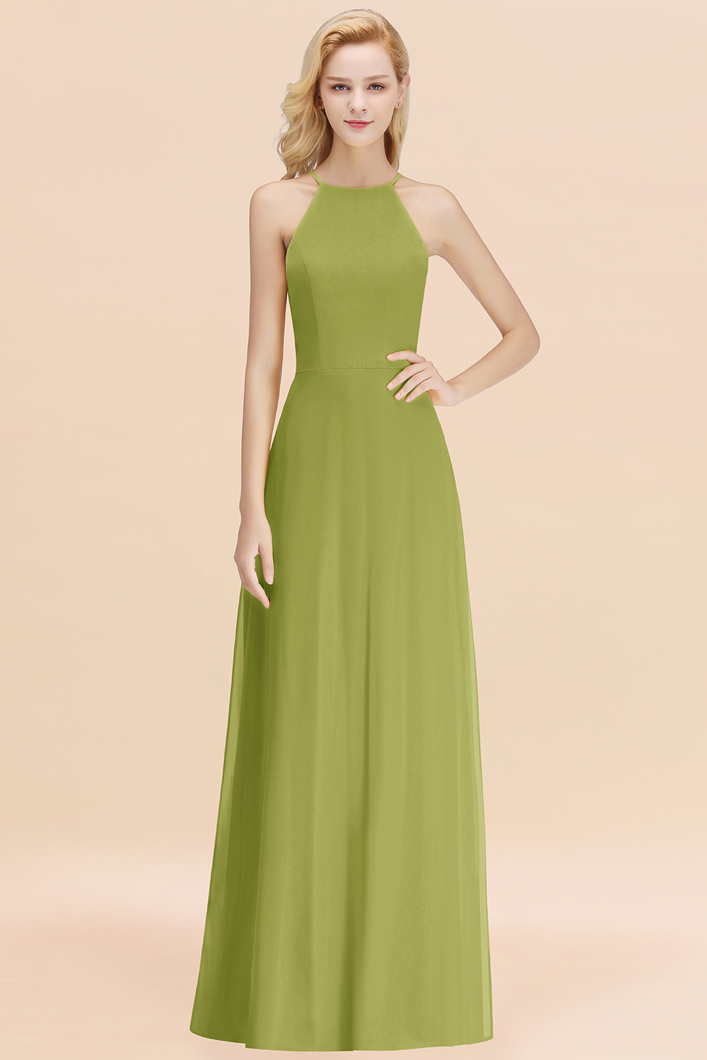 BMbridal Modest High-Neck Yellow Chiffon Affordable Bridesmaid Dresses Online-BMbridal