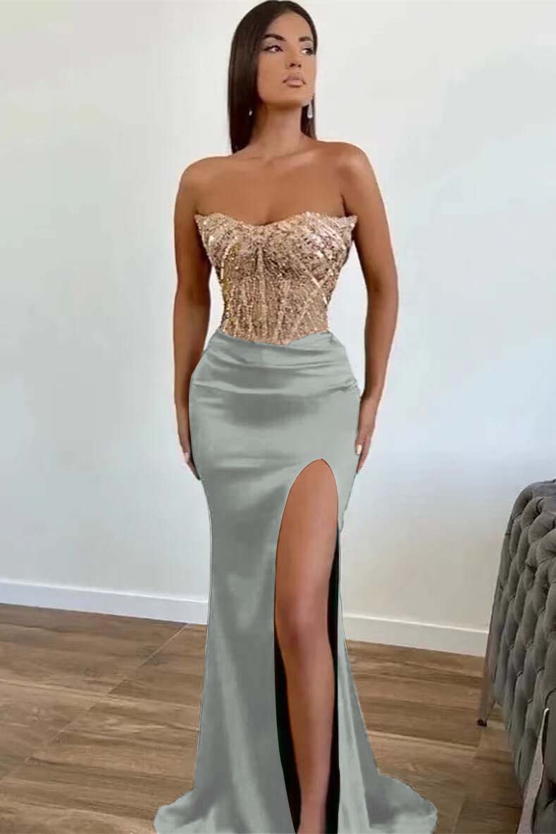 Green Appliques Beadings Mermaid Long Prom Dress Front Split With Strapless