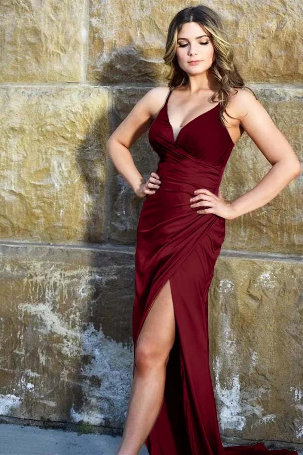 Spaghetti Strap Sleeveless Long Prom Dress With Split Pleated