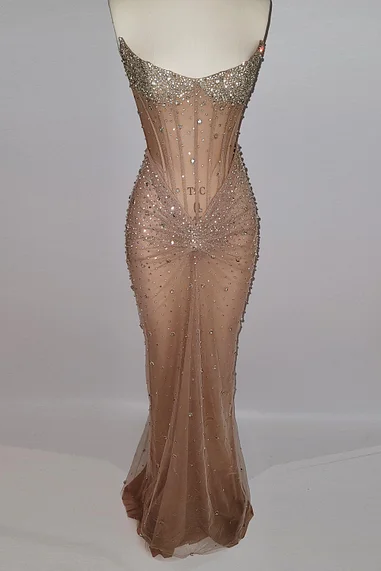 Strapless Sleeveless Mermaid Long Prom Dress With Beading Tulle