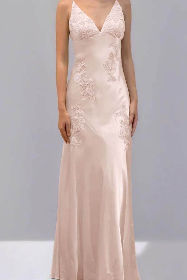 Spaghetti Strap V Neck Sleeveless Long Prom Dress With Appliques