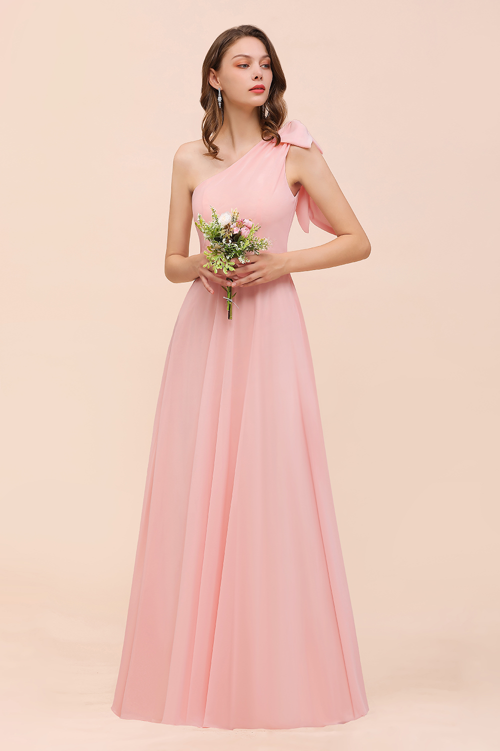 BMbridal Chic One Shoulder Sleeveless Pink Chiffon Bridesmaid Dress with Bow-BMbridal
