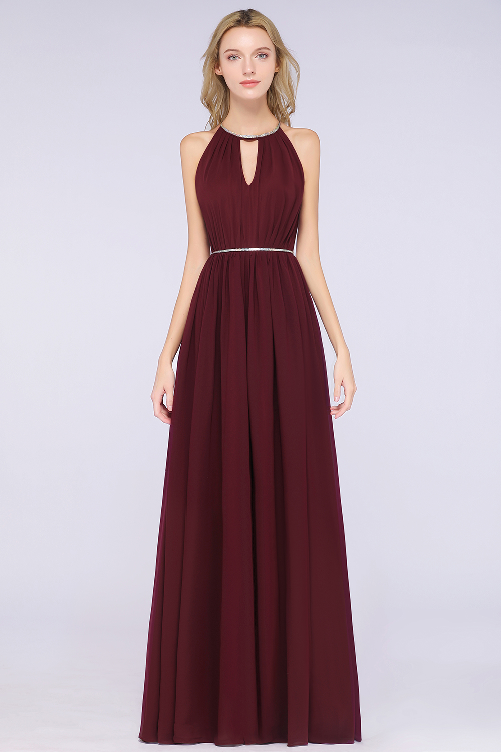 BMbridal Chic Burgundy Halter Long Backless Bridesmaid Dress with Beadings-BMbridal