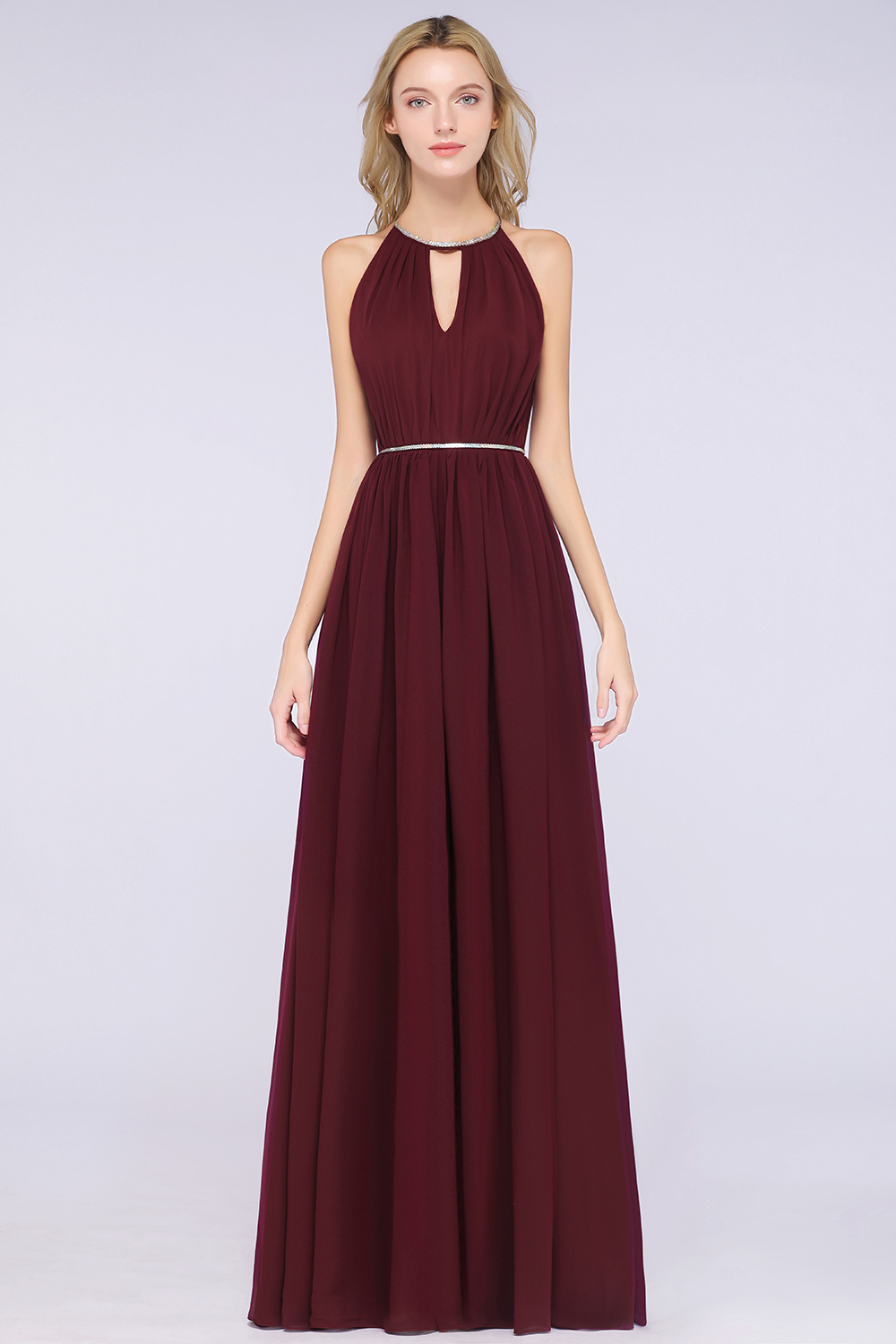 BMbridal Chic Burgundy Halter Long Backless Bridesmaid Dress with Beadings-BMbridal