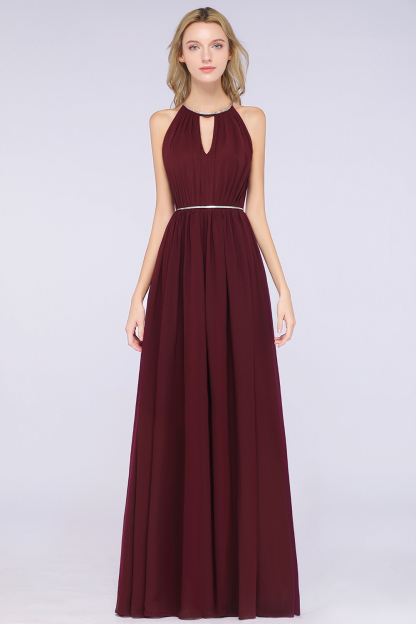 BMbridal Chic Burgundy Halter Long Backless Bridesmaid Dress with Beadings-BMbridal