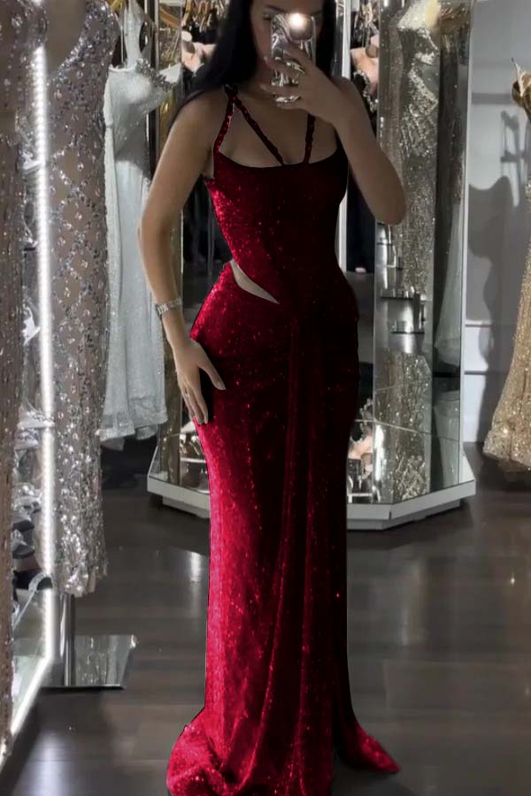 Straps Sleeveless Long Mermaid Prom Dress With Sequins Pleated