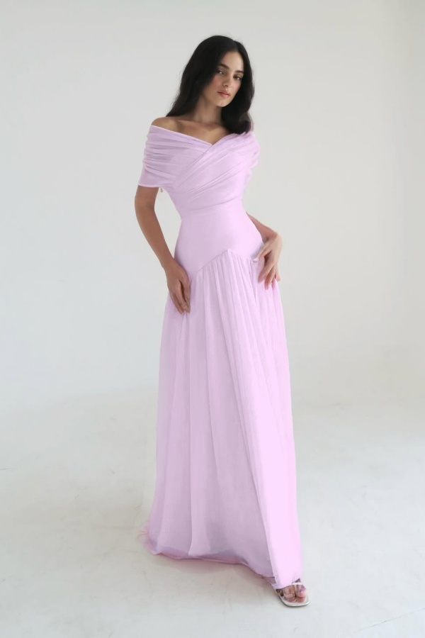 Chiffon Off the Shoulder Sleeveless Long Prom Dress With Pleated
